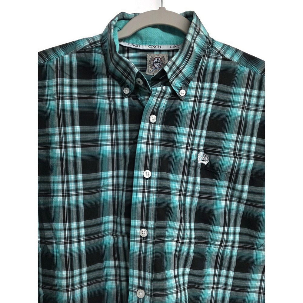 Cinch Greer Mens XS Long Sleeve Button Down Plaid Western Shirt Turquoise Black